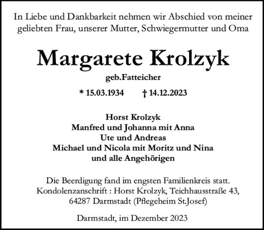  Traueranzeige für Margarete Krolzyk vom 23.12.2023 aus Darmstädter Echo