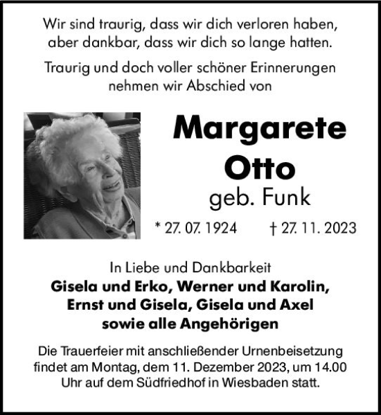 Traueranzeige von Margarete Otto von Wiesbadener Kurier