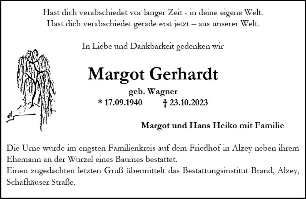  Traueranzeige für Margot Gerhardt vom 07.11.2023 aus Allgemeine Zeitung Alzey