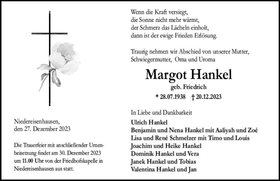 Traueranzeige von Margot Hankel von Hinterländer Anzeiger
