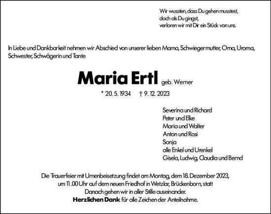 Traueranzeige von Maria Ertl von Wetzlarer Neue Zeitung
