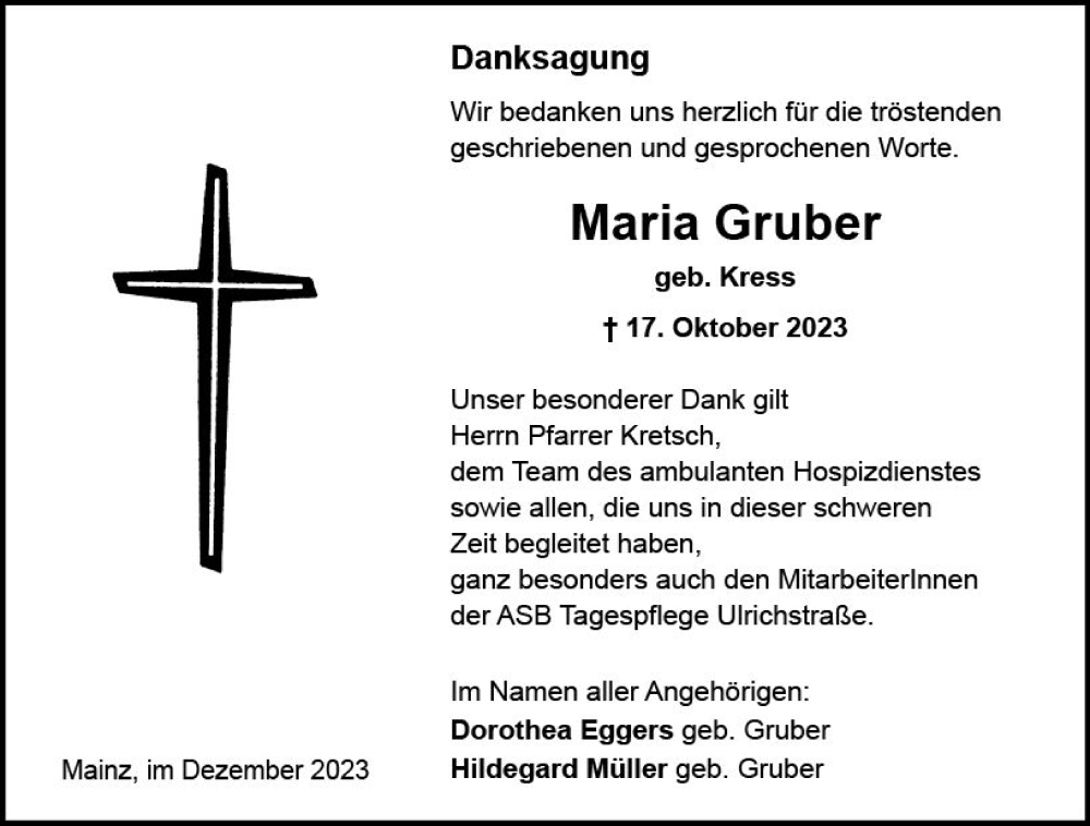  Traueranzeige für Maria Gruber vom 02.12.2023 aus Allgemeine Zeitung Mainz