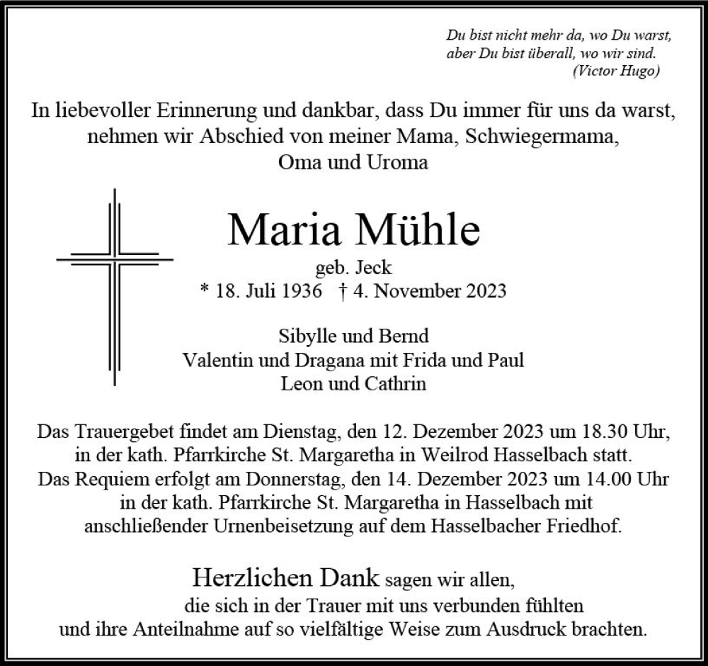  Traueranzeige für Maria Mühle vom 07.12.2023 aus Camberger Anzeiger