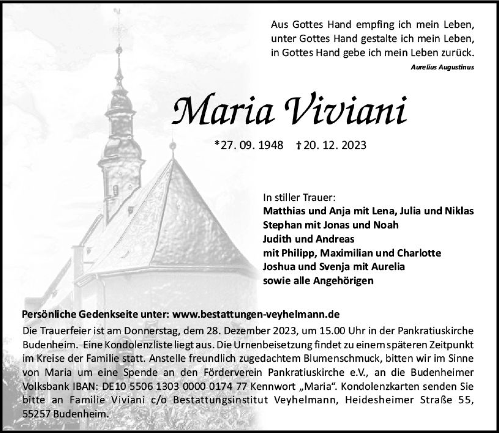  Traueranzeige für Maria Viviani vom 23.12.2023 aus Allgemeine Zeitung Mainz