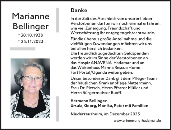 Traueranzeige von Marianne Bellinger von Nassauische Neue Presse