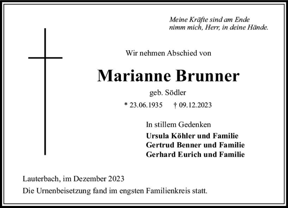  Traueranzeige für Marianne Brunner vom 23.12.2023 aus VRM Trauer