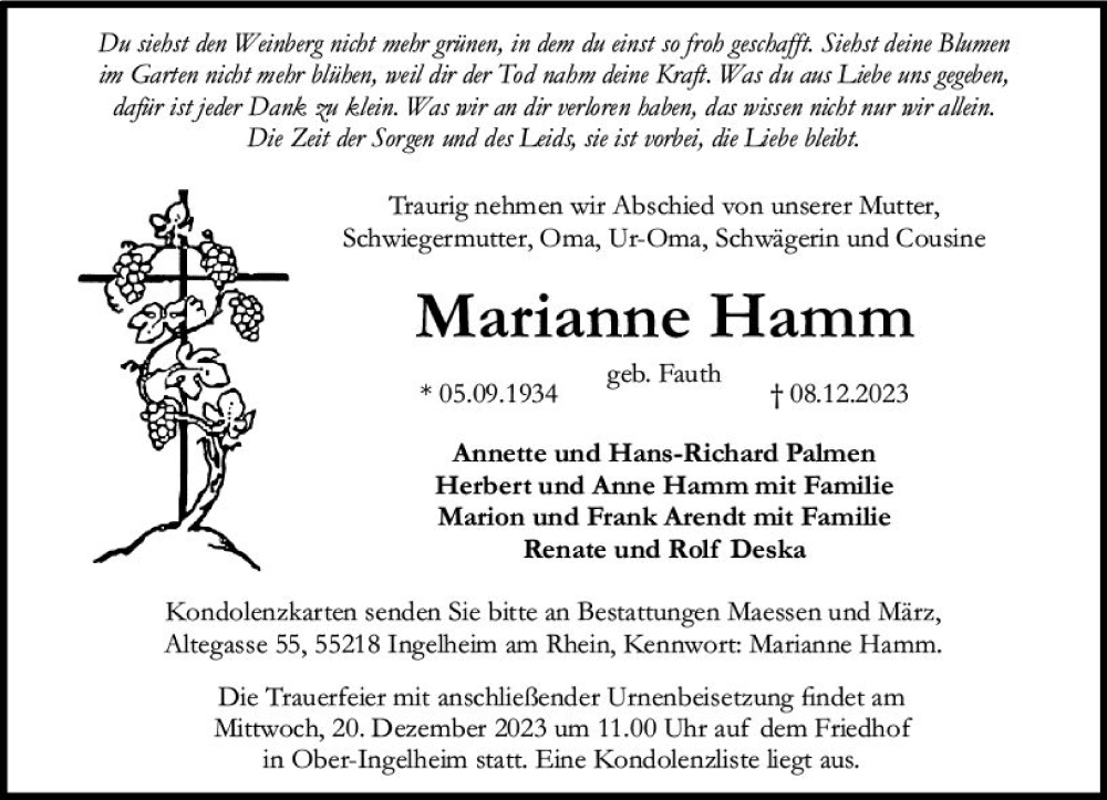  Traueranzeige für Marianne Hamm vom 16.12.2023 aus Allgemeine Zeitung Bingen/Ingelheim