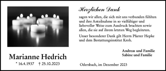 Traueranzeige von Marianne Hedrich von Weilburger Tageblatt