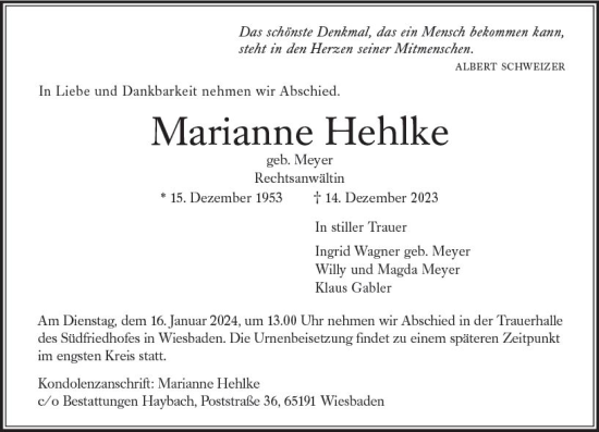 Traueranzeige von Marianne Hehlke von Wiesbadener Kurier