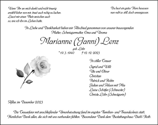 Traueranzeige von Marianne Lenz von Wetzlarer Neue Zeitung