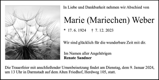 Traueranzeige von Marie Weber von Darmstädter Echo