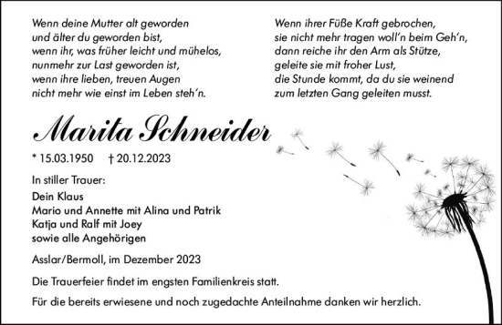 Traueranzeige von Marita Schneider von Wetzlarer Neue Zeitung