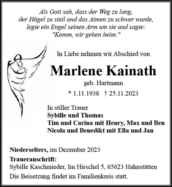 Traueranzeige von Marlene Kainath von Camberger Anzeiger