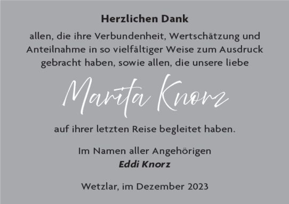  Traueranzeige für Marta Knorz vom 16.12.2023 aus Wetzlarer Neue Zeitung