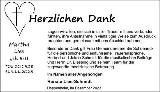 Traueranzeige von Martha Lies von Starkenburger Echo