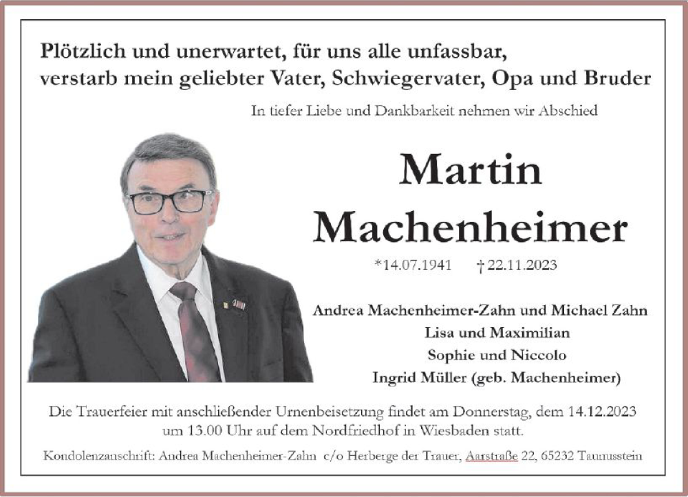  Traueranzeige für Martin Machenheinier vom 09.12.2023 aus Wiesbadener Kurier