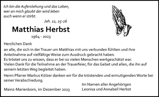 Traueranzeige von Matthias Herbst von Allgemeine Zeitung Mainz