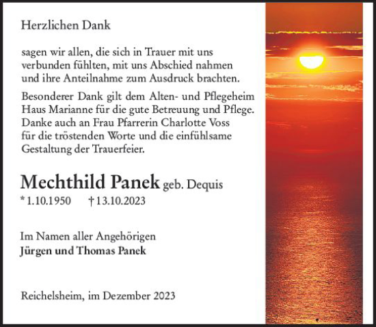 Traueranzeige von Mechthild Panek von Odenwälder Echo