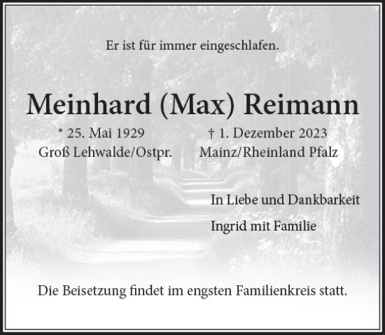 Traueranzeige von Meinhard Reimann von Wiesbadener Kurier
