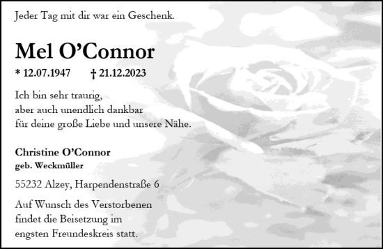 Traueranzeige von Mel OConnor von Allgemeine Zeitung Alzey