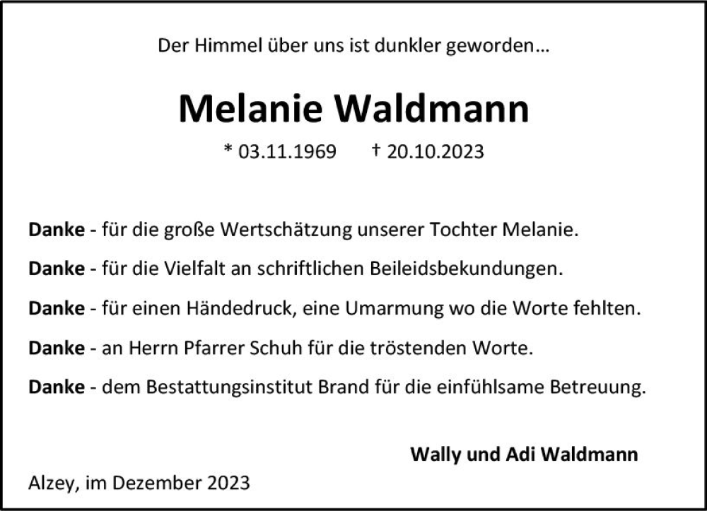  Traueranzeige für Melanie Waldmann vom 16.12.2023 aus Allgemeine Zeitung Alzey