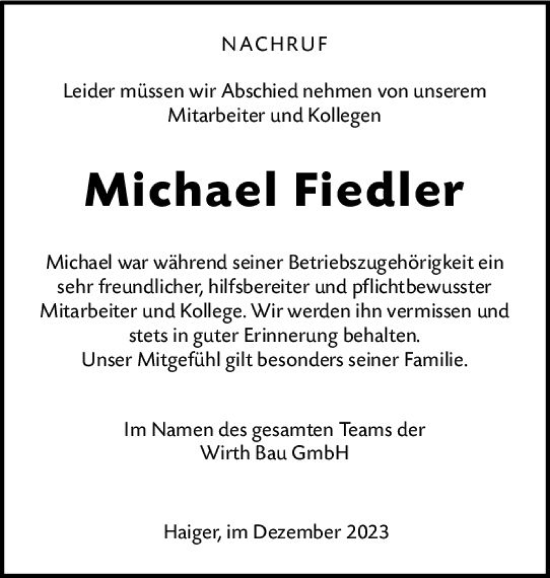 Traueranzeige von Michael Fiedler von Dill Block