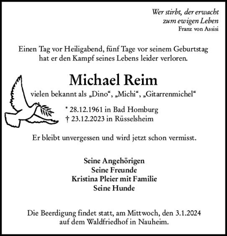  Traueranzeige für Michael Reim vom 30.12.2023 aus Rüsselsheimer Echo