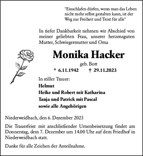 Traueranzeige von Monika Hacker von Wetzlarer Neue Zeitung