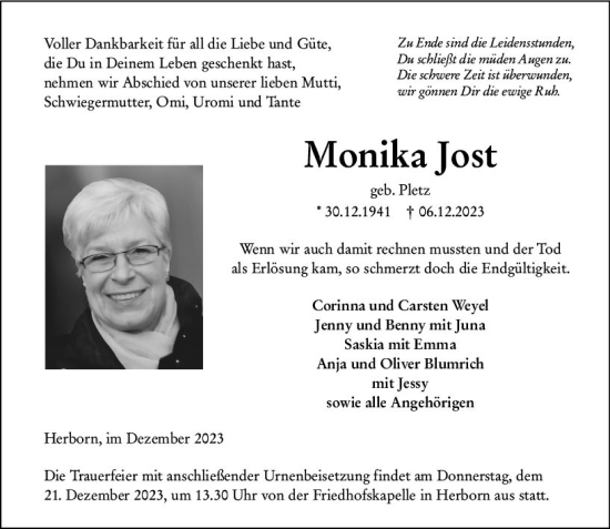 Traueranzeige von Monika Jost von Dill Block