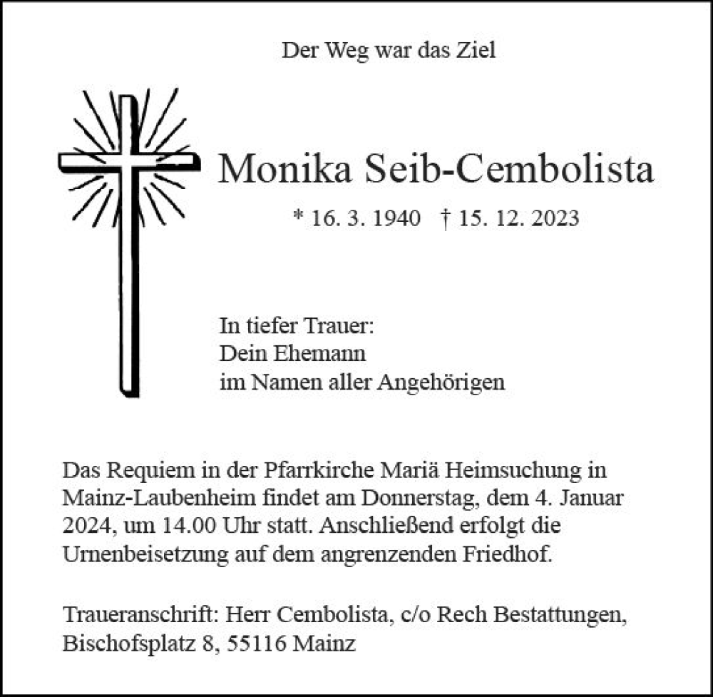  Traueranzeige für Monika Seib-Cembolista vom 23.12.2023 aus Allgemeine Zeitung Mainz