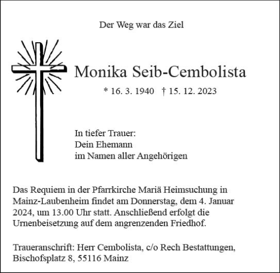 Traueranzeige von Monika Seib-Cembolista von Allgemeine Zeitung Mainz