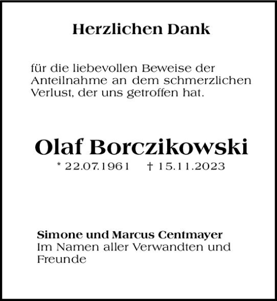 Traueranzeige von Olaf Borczikowski von Wormser Zeitung