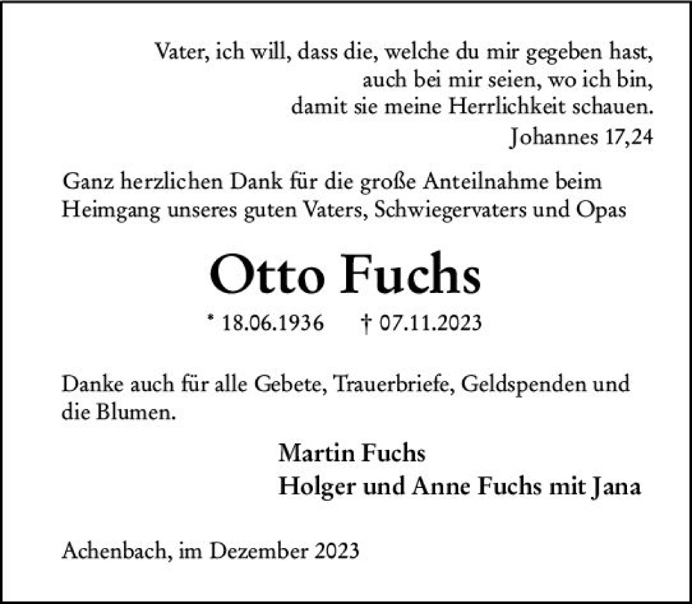  Traueranzeige für Otto Fuchs vom 16.12.2023 aus Hinterländer Anzeiger