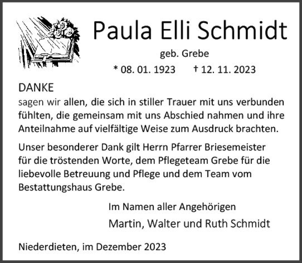  Traueranzeige für Paula Elli Schmidt vom 13.12.2023 aus Hinterländer Anzeiger