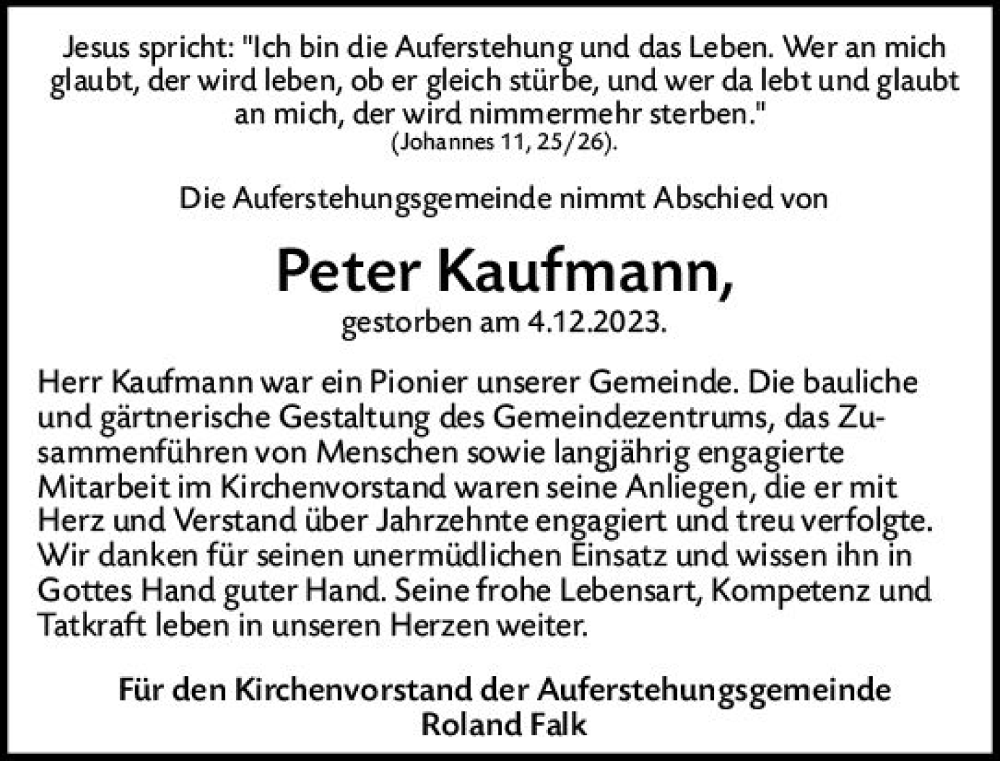  Traueranzeige für Peter Kaufmann vom 20.12.2023 aus Wiesbadener Kurier
