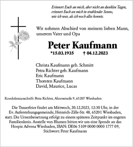 Traueranzeige von Peter Kaufmann von Wiesbadener Kurier
