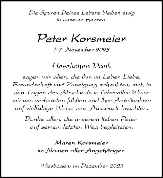 Traueranzeige von Peter Korsmeier von Wiesbadener Kurier