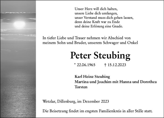 Traueranzeige von Peter Steubing von Dill Block