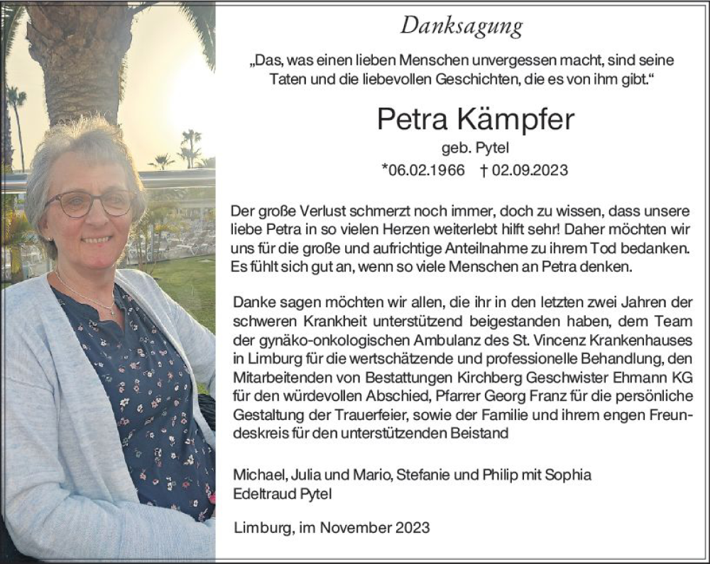  Traueranzeige für Petra Kämpfer vom 02.12.2023 aus Nassauische Neue Presse