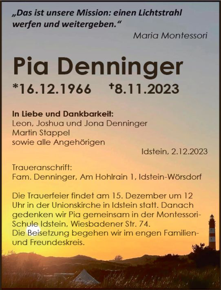 Traueranzeige für Pia Denninger vom 02.12.2023 aus Idsteiner Land/Untertaunus