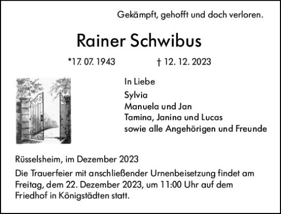 Traueranzeige von Rainer Schwibus von Rüsselsheimer Echo