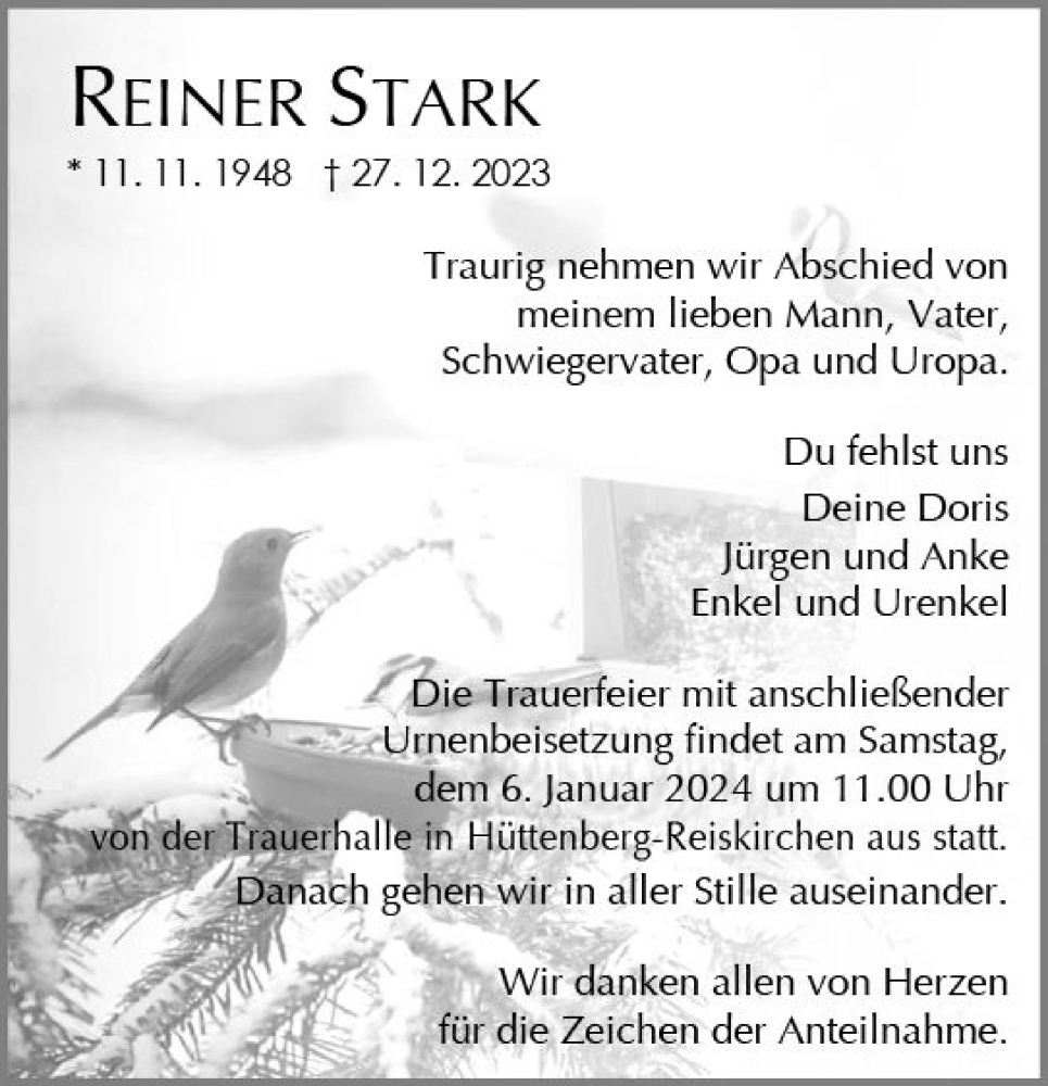  Traueranzeige für Reiner Stark vom 30.12.2023 aus Wetzlarer Neue Zeitung