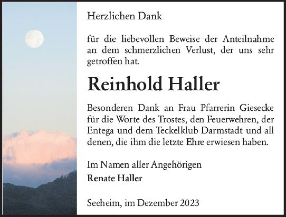  Traueranzeige für Reinhold Haller vom 16.12.2023 aus Darmstädter Echo