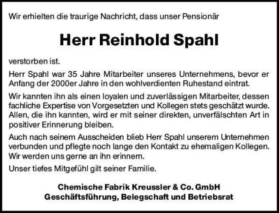 Traueranzeige von Reinhold Spahl von Wiesbadener Kurier