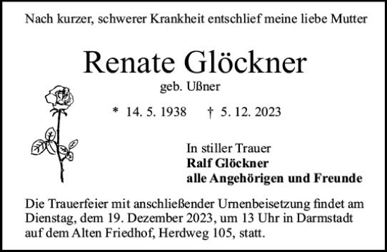 Traueranzeige von Renate Glöckner von Darmstädter Echo