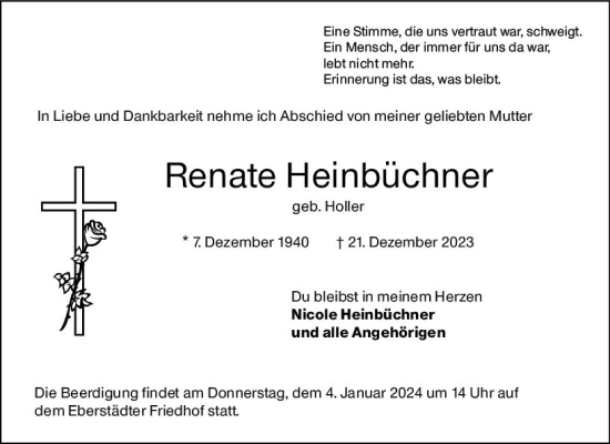 Traueranzeige von Renate Heinbüchner von Darmstädter Echo