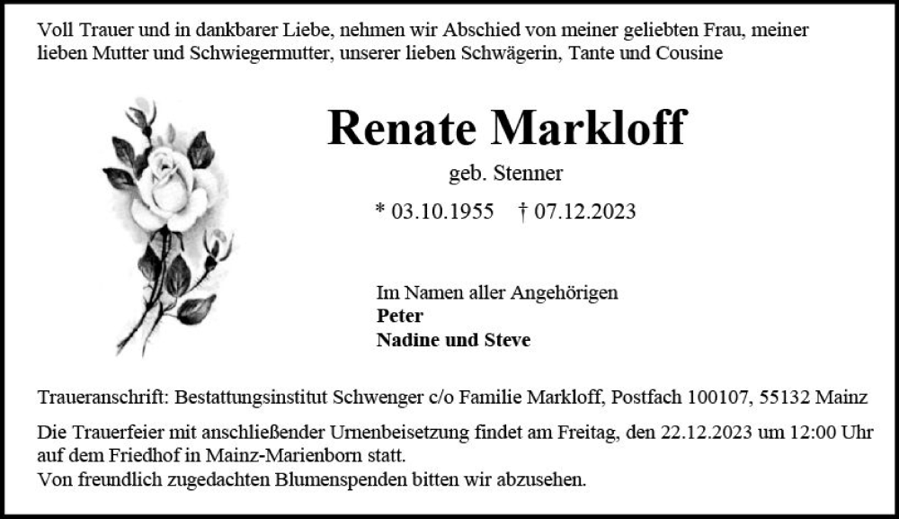  Traueranzeige für Renate Markloff vom 16.12.2023 aus Allgemeine Zeitung Mainz