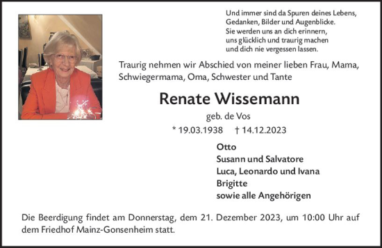 Traueranzeige von Renate Wissemann von Allgemeine Zeitung Mainz