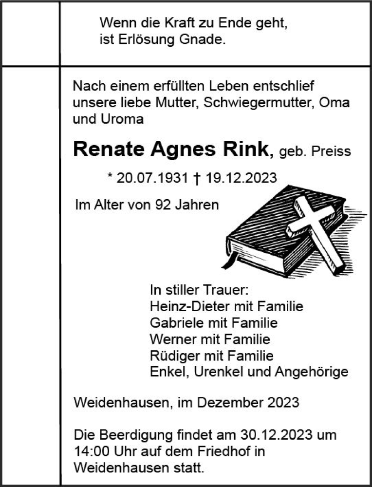  Traueranzeige für Renate Agnes Rink vom 28.12.2023 aus Hinterländer Anzeiger