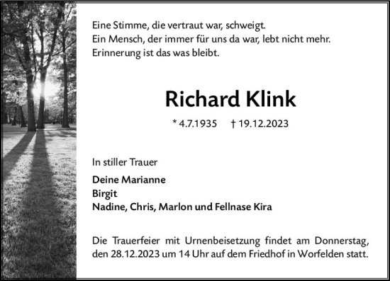 Traueranzeige von Richard Klink von Groß-Gerauer Echo